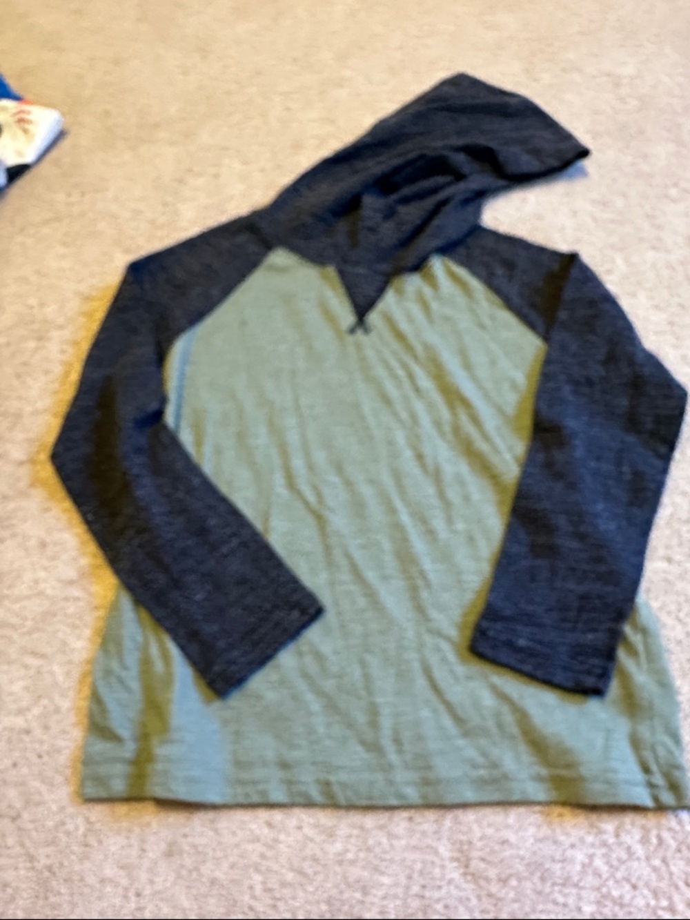 Kids Long Sleeve Hooded Tee in Green and Dark Gray